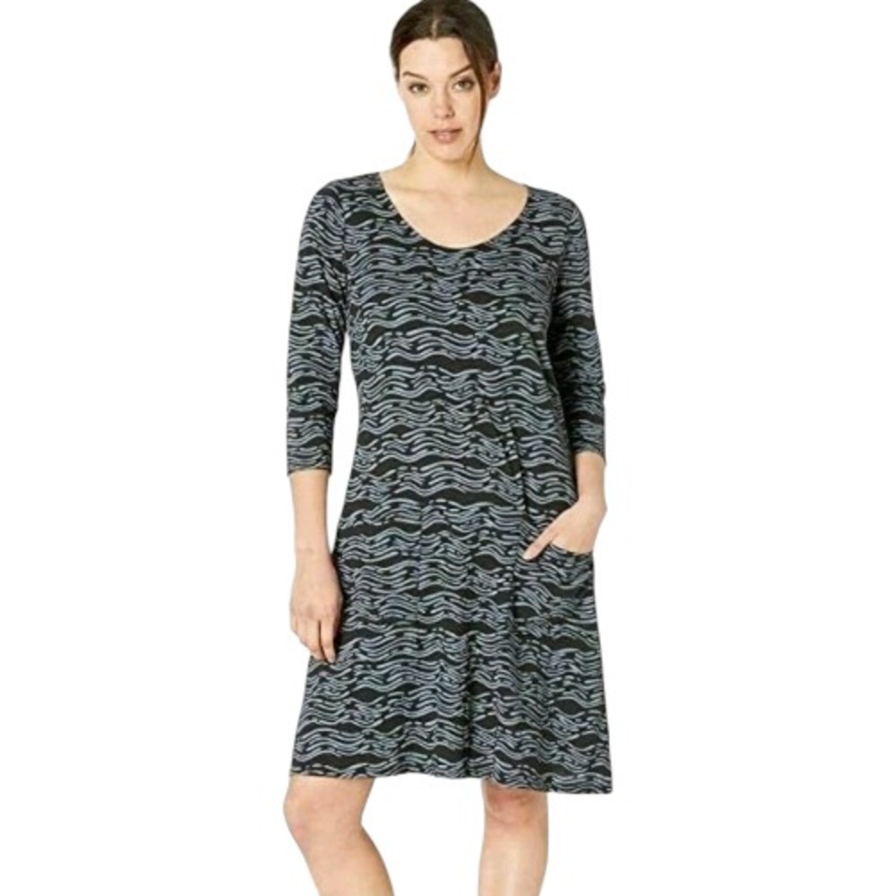 Fresh Produce Black Blue Wave Print Cotton 3/4 Sleeve Pocket Dress Vacation Med